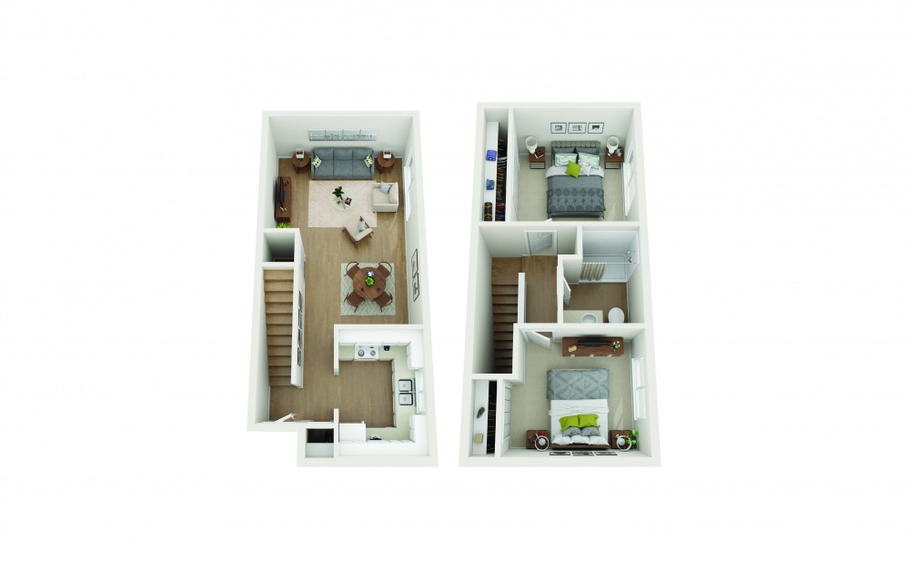Two Bedroom TH-B - 2 bedroom floorplan layout with 1 bath and 830 square feet.